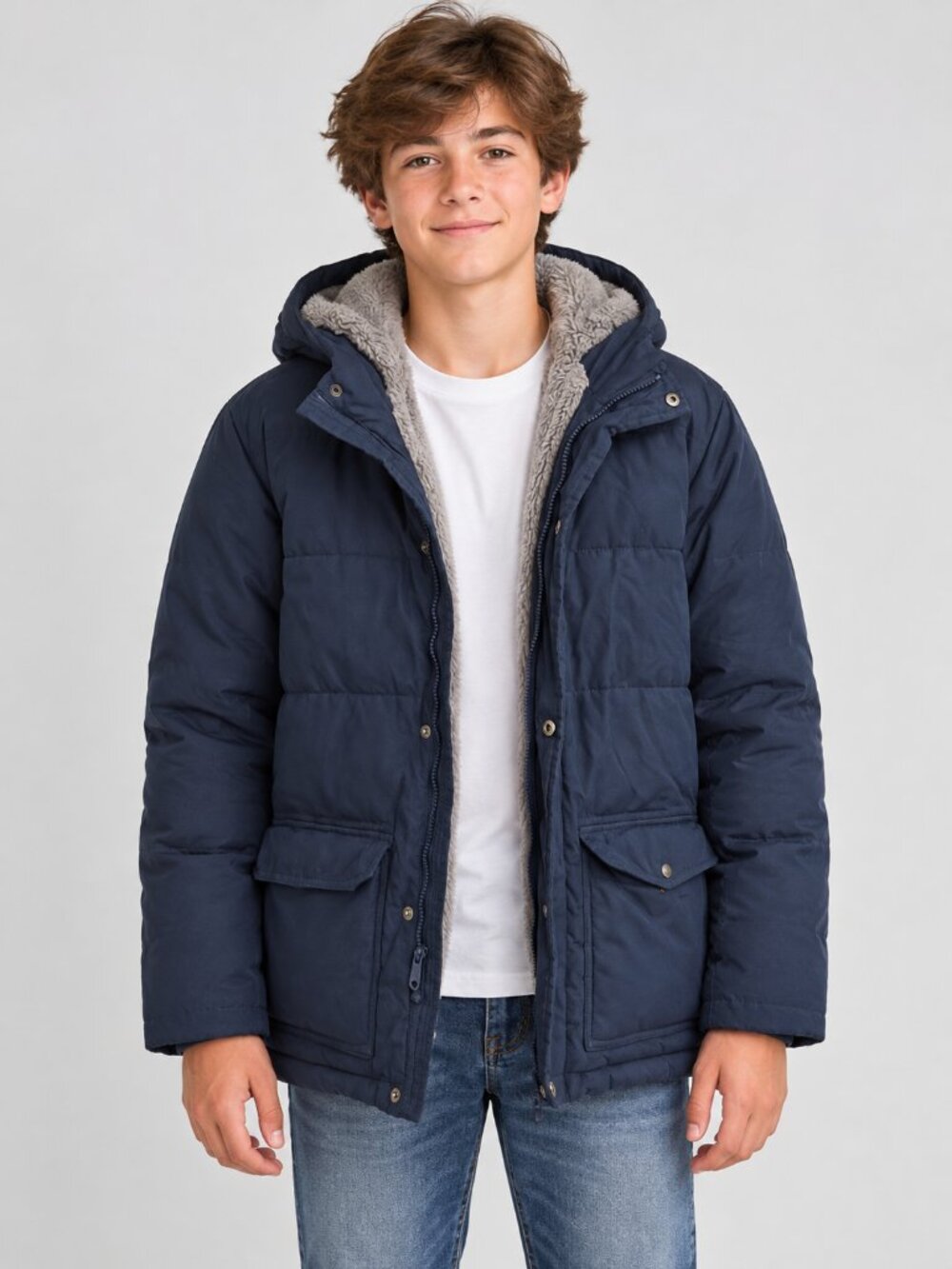 abercrombie kids Navy Puffer Jacket with Gray Plush Lining